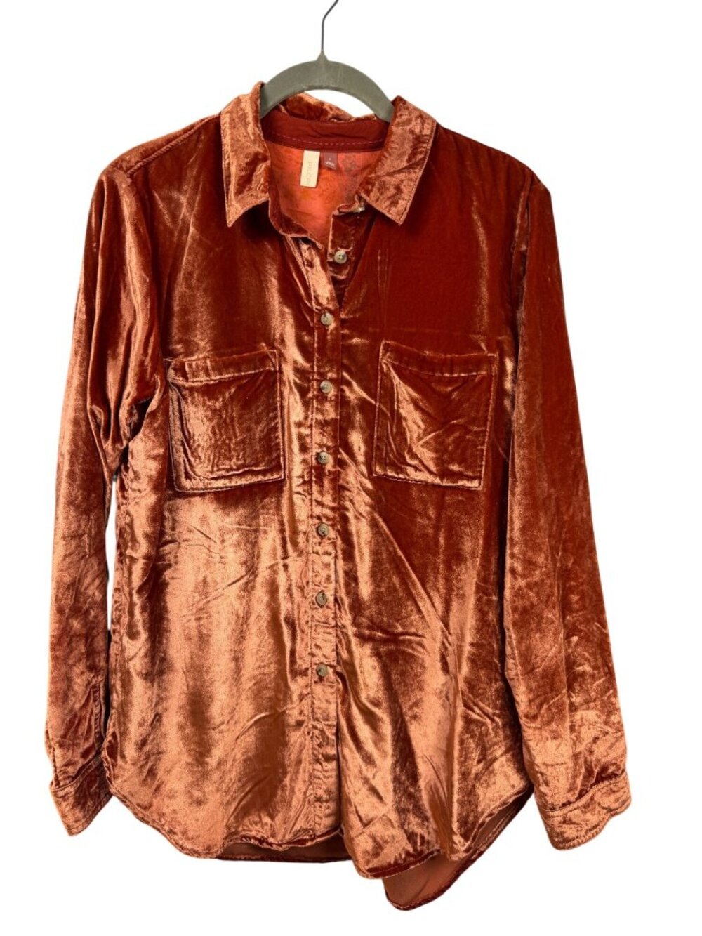 Pilcro Anthropologie Rust Mara Velvet Button Up Shirt Tunic Top Womens Small
